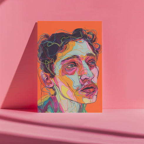 Vibrant digital portrait of a person with angular features against a bright orange background. The face is composed of bold, colorful lines and shapes in various hues including purple, yellow, pink, and teal. The subject has tousled dark hair and a contemplative expression, with prominent eyes and lips. The style is reminiscent of expressive, contemporary digital art.